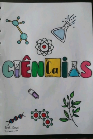 Desenho colorido com tema científico, com equipamentos de laboratório e moléculas ao redor da palavra "Ciências", perfeito para uma capa de caderno vibrante.