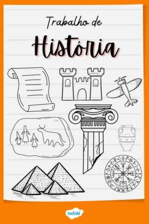 Elementos históricos desenhados à mão, perfeitos para uma capa de caderno, incluem um pergaminho, um castelo, uma coluna, um avião, pirâmides, um vaso, arte rupestre e uma bússola viking.