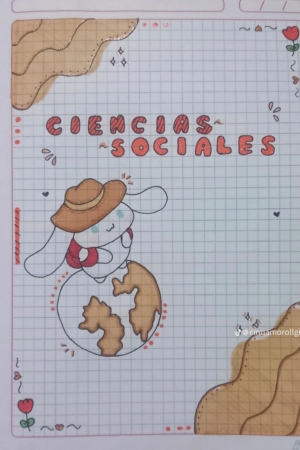 Um papel quadriculado com a inscrição "Ciencias Sociales", com um coelho de desenho animado usando um chapéu, sentado em um globo com elementos decorativos; perfeito como capa de caderno.