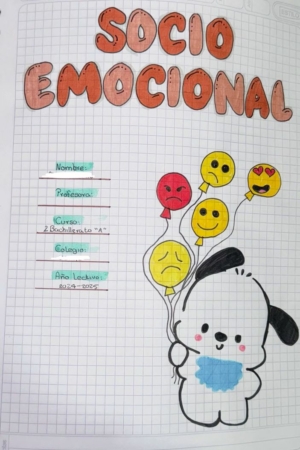 Capa do caderno desenhada à mão com o título "Socioemocional", um cachorro segurando balões com emojis e detalhes da aula preenchidos abaixo.