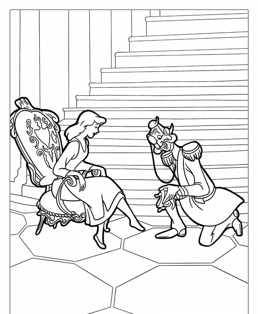 Príncipe ajoelhado e colocando um sapatinho de cristal no pé de uma mulher perto de uma grande escadaria, lembrando cenas encantadoras encontradas em princesas da disney desenhos para colorir.