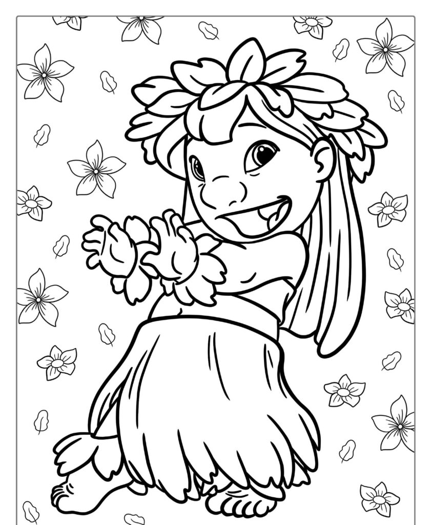 Uma criança em uma roupa de hula, sorrindo e dançando com flores em seus cabelos e ao redor delas. O fundo, que lembra *desenhos para colorir*, apresenta padrões florais intrincados, adicionando à cena encantadora semelhante a *princesas da Disney*.