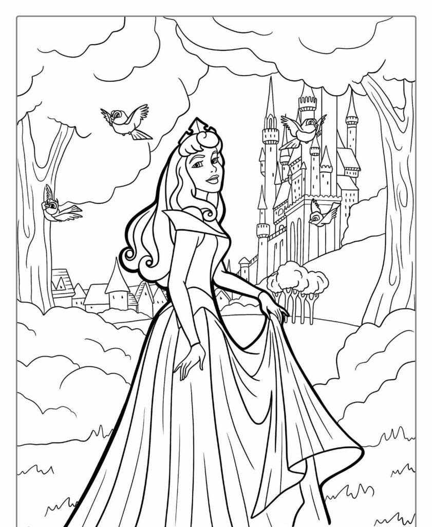 Uma princesa está perto de um castelo, cercada por árvores e pássaros no céu, exatamente como naqueles desenhos de princesas encantadores que você adora colorir.