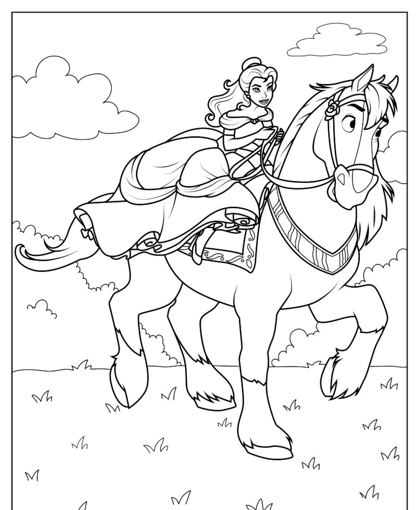 Uma princesa cavalgando um cavalo em um ambiente externo com nuvens no céu e grama no chão, lembrando cenas de princesas da Disney, perfeita para desenhos para colorir.