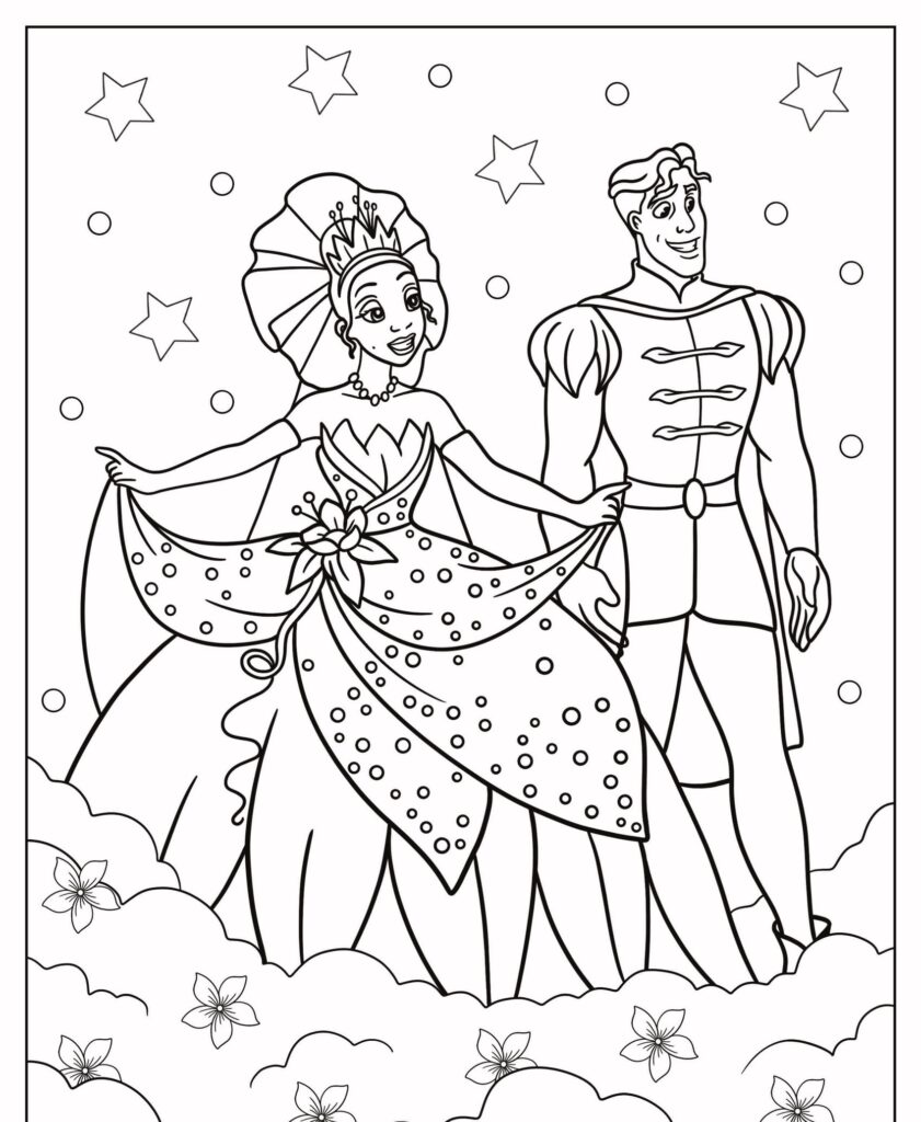 Um príncipe e uma princesa de mãos dadas e em pé sobre nuvens, com estrelas ao fundo. Esta página para colorir em preto e branco é perfeita para fãs de princesas da Disney que procuram desenhos para colorir.