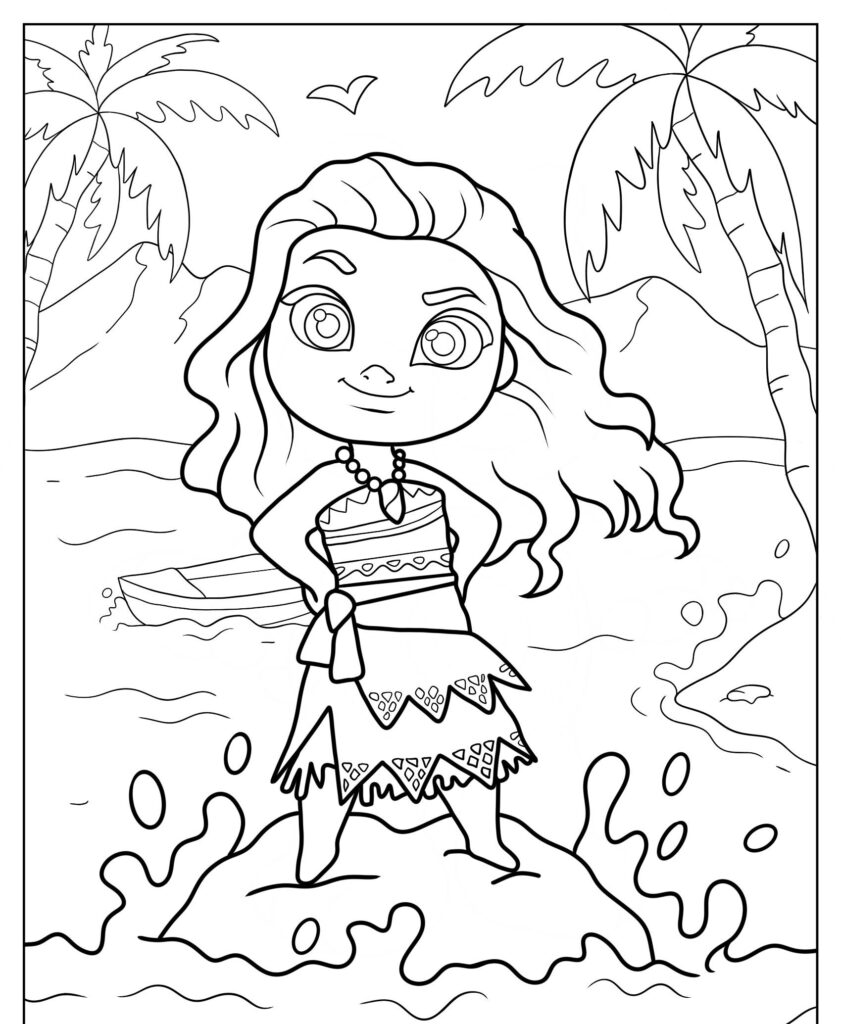 Um desenho para colorir representando uma menina parada confiantemente em uma pedra à beira-mar com palmeiras e um barco ao fundo, lembrando as princesas da Disney.