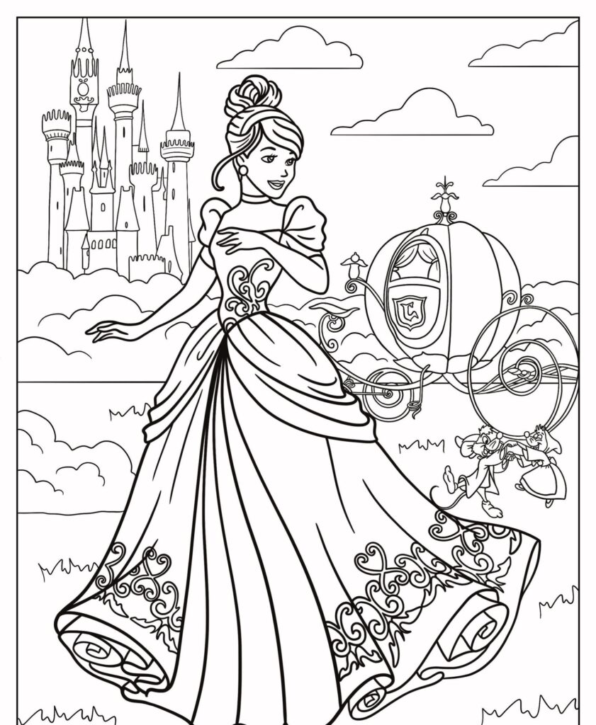 Uma princesa em um vestido, um castelo, uma carruagem e ratos em um cenário de conto de fadas desenho para colorir.