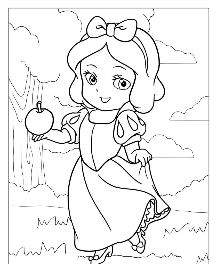 Uma garota de desenho animado com um laço segurando uma maçã em uma mão e levantando o vestido com a outra, parada em um campo gramado, lembrando as adoradas princesas da Disney nos populares desenhos para colorir.