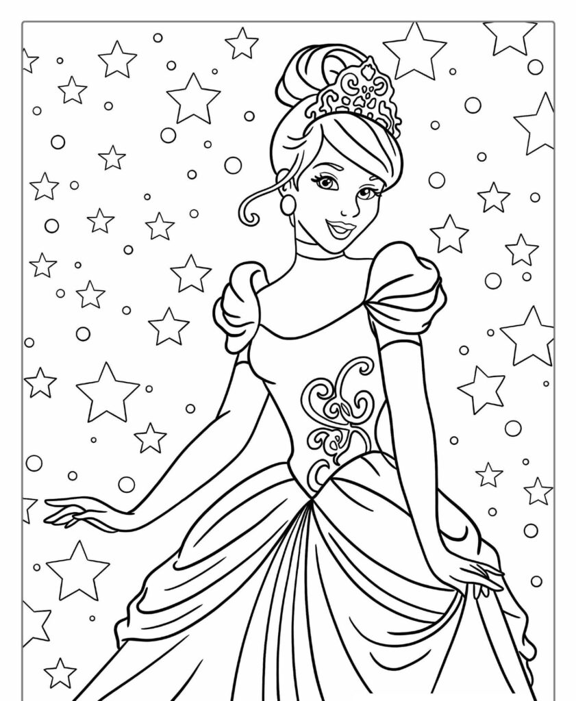 Esta página de desenho para colorir apresenta uma mulher em um vestido, sorrindo com estrelas ao fundo. É perfeito para qualquer fã de princesas da Disney!