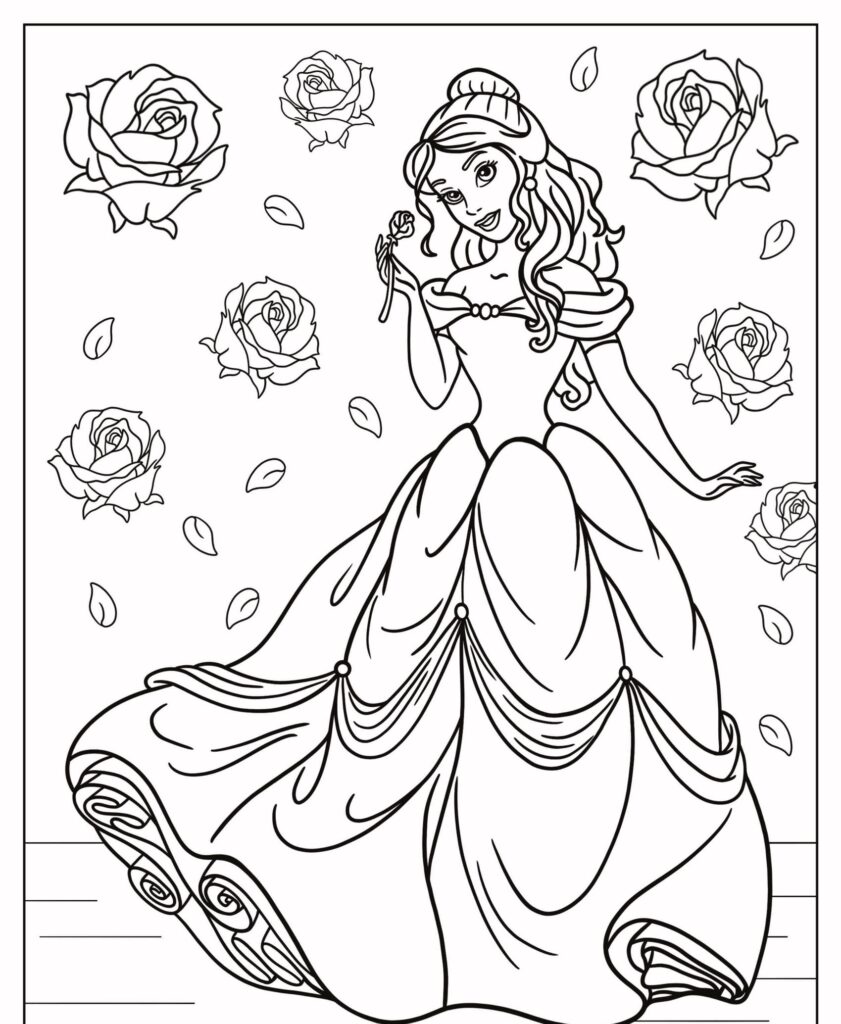 Uma princesa segurando uma rosa e cercada por rosas em um desenho detalhado para colorir.