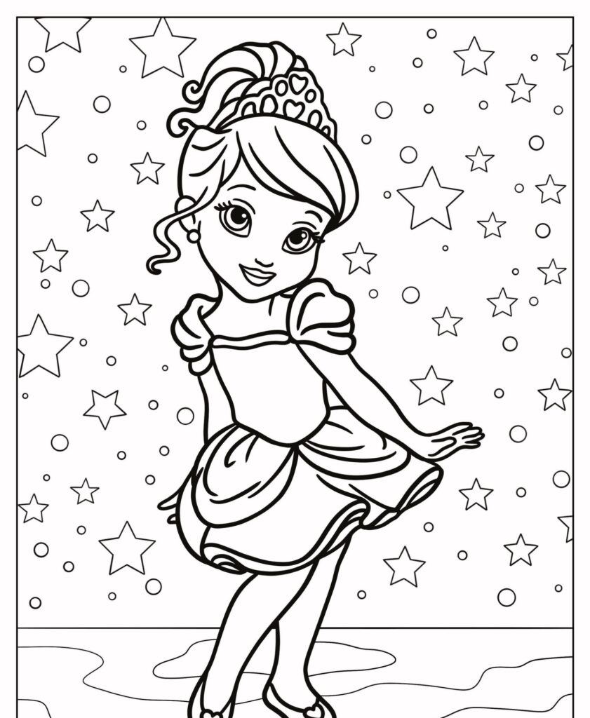 Uma princesa, parecida com uma das princesas da Disney, sorri e posa graciosamente em frente a um fundo estrelado, adornada com uma tiara brilhante e um vestido encantador. É como se ela tivesse saído de desenhos para colorir!