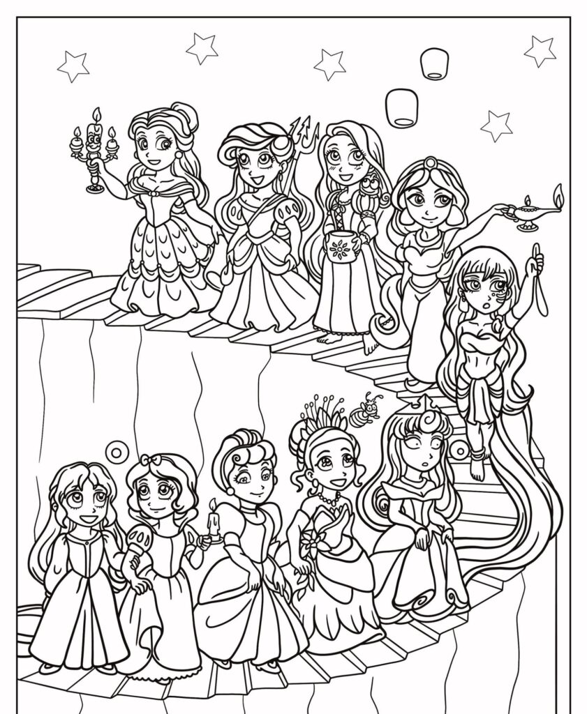 Um grupo de princesas animadas da Disney usando vestidos e segurando objetos, em pé em uma escada em caracol, estrelas e lanternas acima. Perfeito para desenho para colorir.