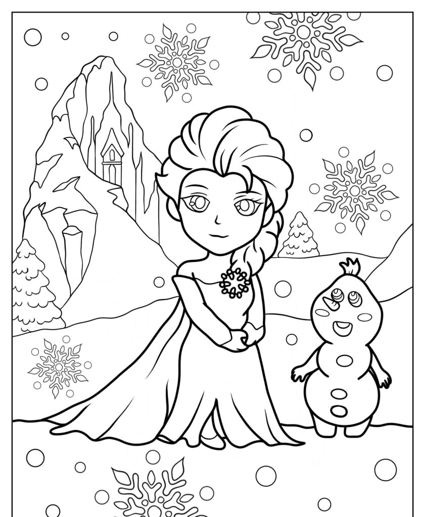 Uma princesa com longos cabelos trançados e um boneco de neve em pé em uma paisagem nevada, com delicados flocos de neve caindo e uma montanha majestosa ao fundo — uma das encantadoras princesas da Disney que fazem desenhos para colorir encantadores.