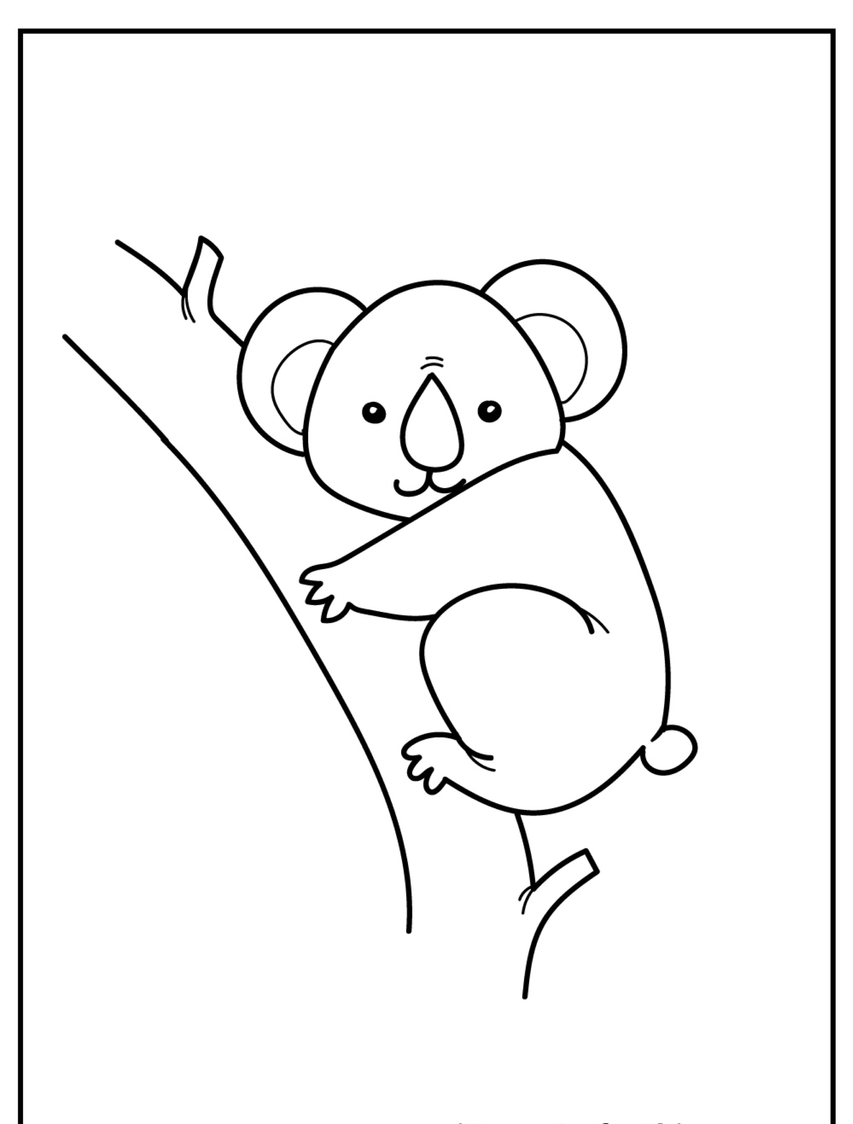 Um desenho simples de um coala agarrado à lateral de um tronco de árvore, perfeito para entusiastas de animais ou desenhos para colorir. Para colorir.