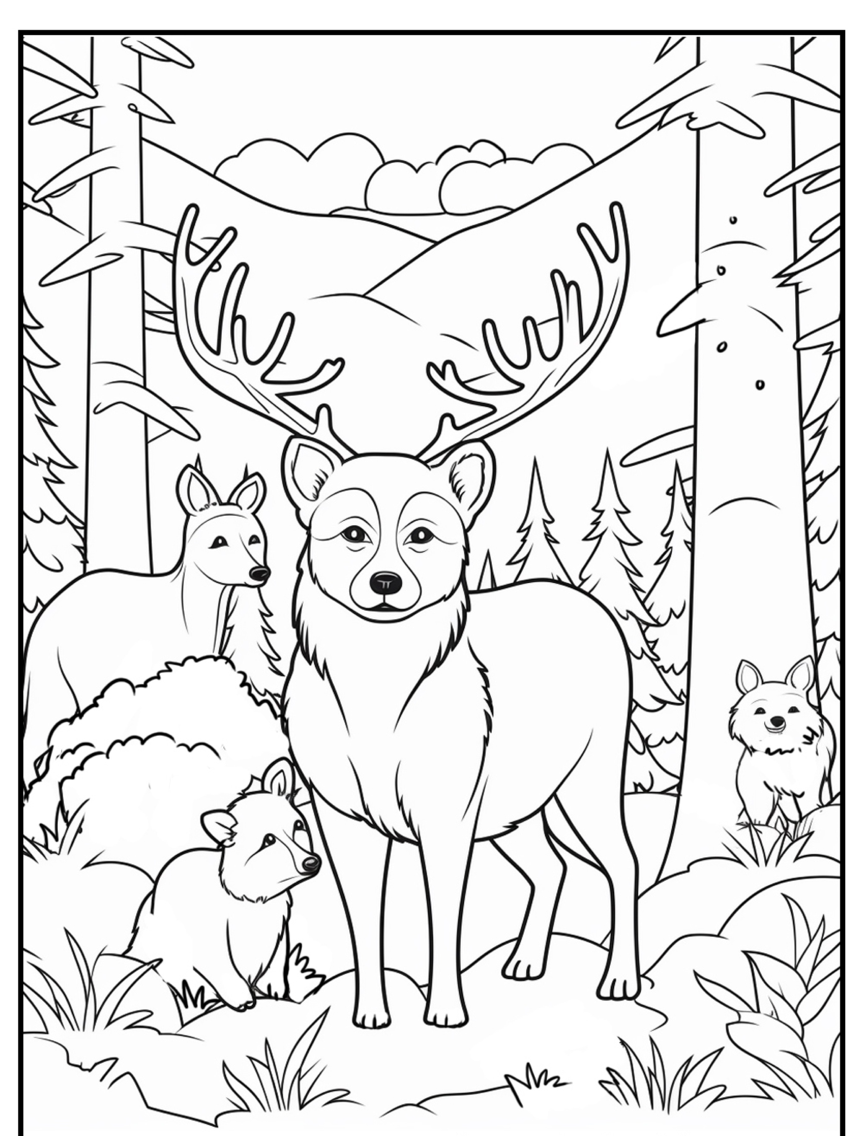 Uma página de desenho para colorir apresenta uma floresta com um cervo, um lobo, um filhote de urso e um cervo entre árvores e montanhas. Para colorir.