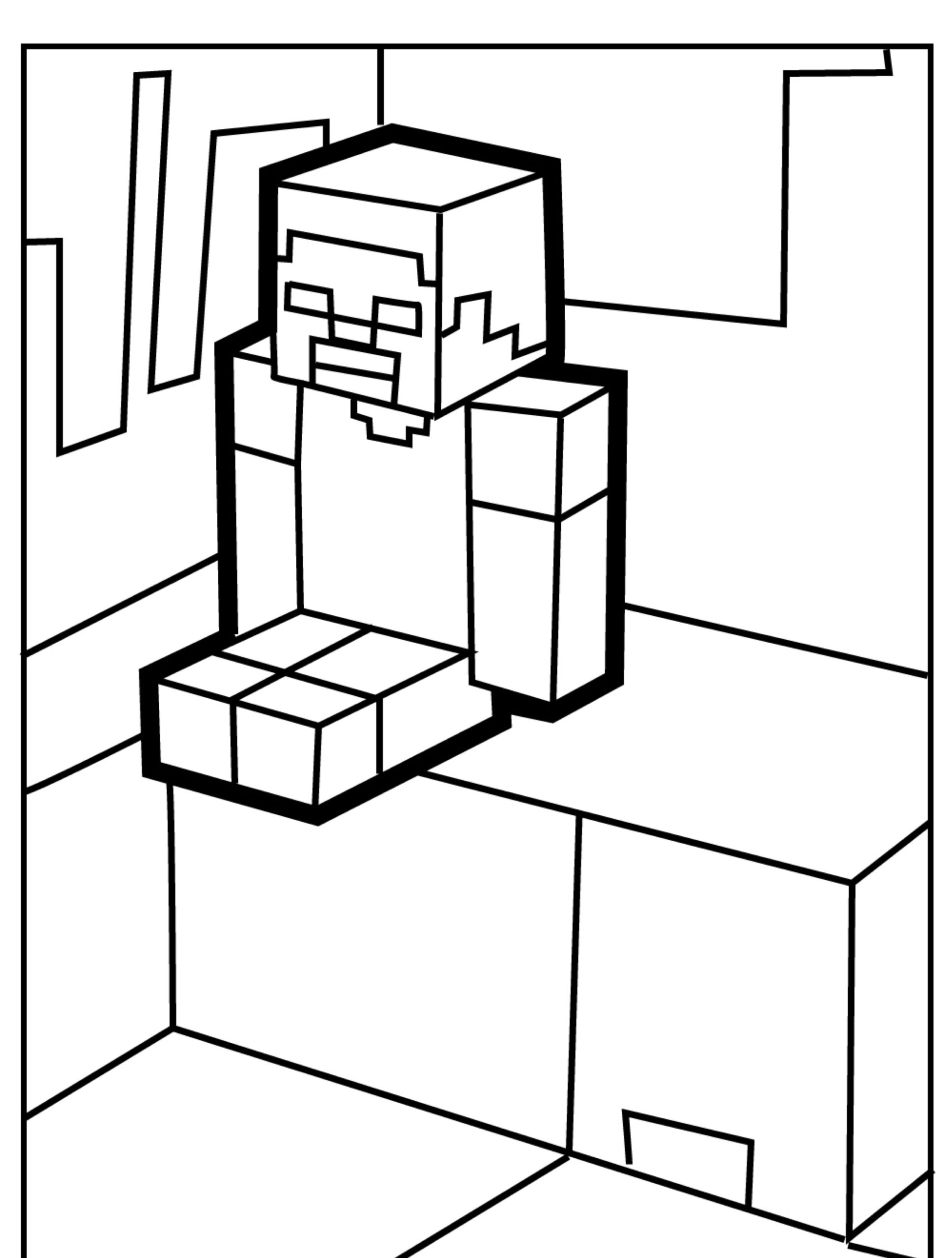 Um personagem do Minecraft sentado em um fundo de blocos, em um estilo simples de desenho em preto e branco, perfeito para colorir. Para Colorir.