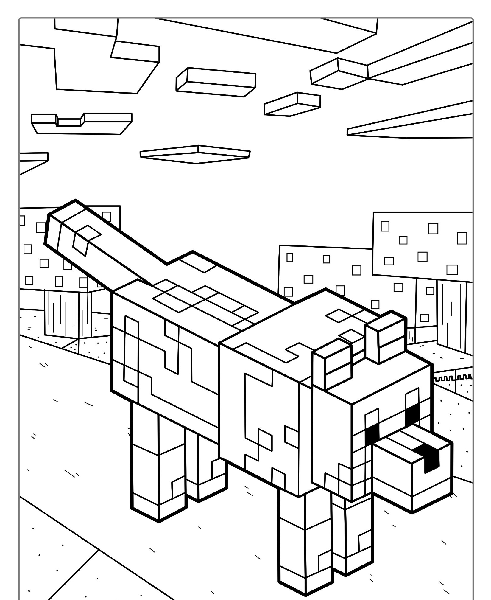 Um personagem lobo pixelado do Minecraft está em um terreno com blocos, árvores e nuvens flutuantes ao fundo, perfeito para qualquer fã de Minecraft colorir. Para Colorir.