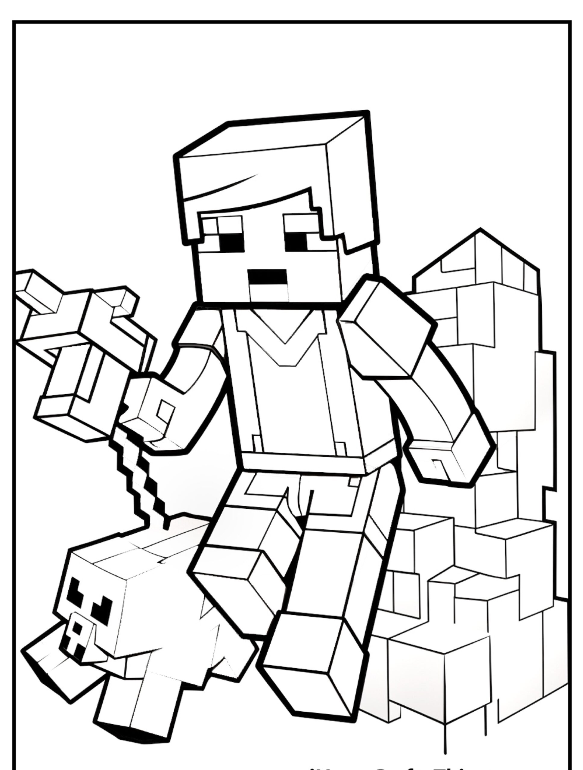 Um personagem quadrado do Minecraft segurando uma ferramenta está ao lado de um porco pixelado e uma pilha de blocos, pronto para algumas aventuras coloridas. Ideal para qualquer entusiasta de desenho que ama colorir suas cenas favoritas de jogos! Para Colorir.