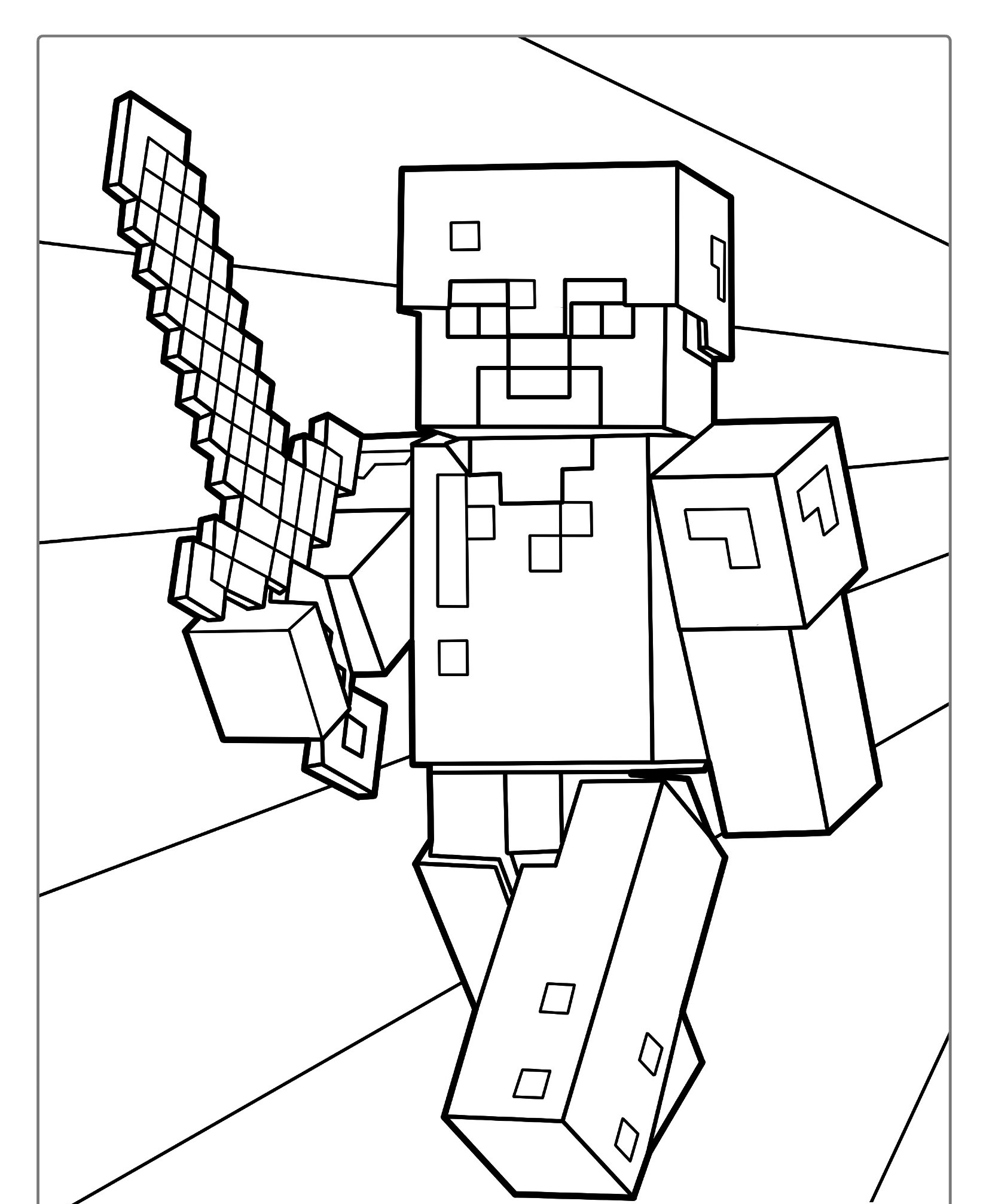 Arte linear de um personagem do Minecraft segurando uma espada pixelada, retratado em uma pose de ação com linhas de fundo dinâmicas, perfeita para colorir e dar vida ao seu desenho. Para Colorir.