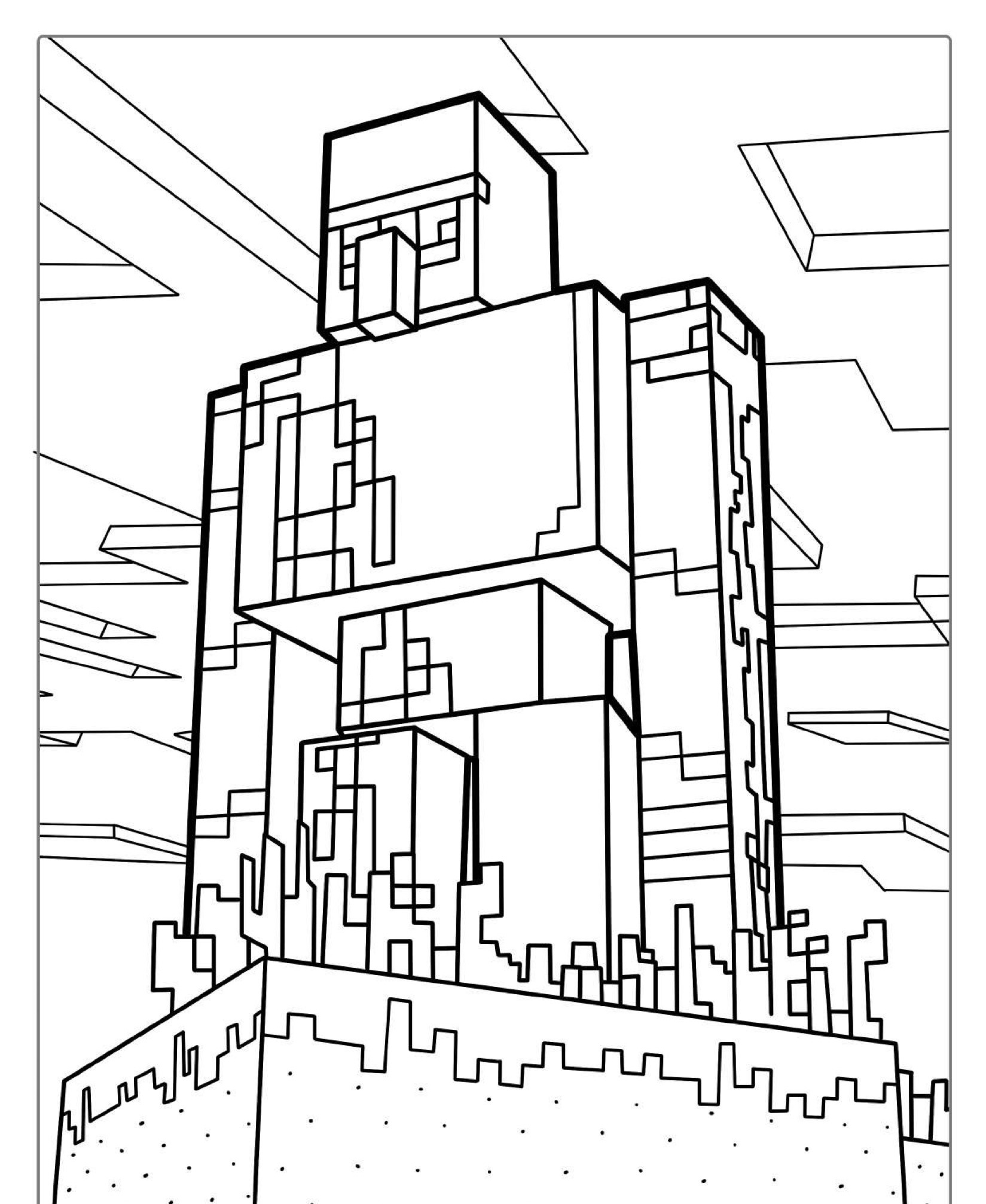 Uma figura pixelada e quadrada, que lembra uma estátua ou golem, se ergue alta entre nuvens cuboides e elementos geométricos de paisagens, muito parecido com o mundo do Minecraft. A cena parece ter saído de um vibrante livro Colorir para fãs de Desenho. Para Colorir.