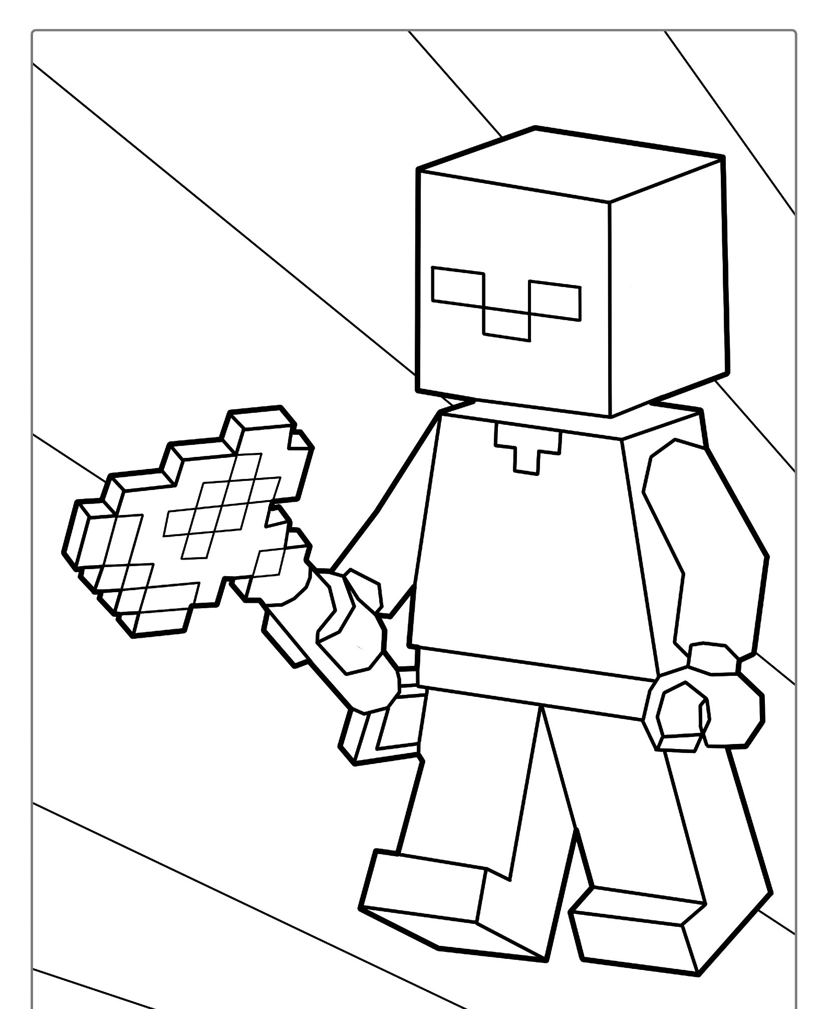 Esboço de um personagem em blocos do Minecraft segurando um machado pixelado contra um fundo geométrico, perfeito para desenho e colorir. Para Colorir.