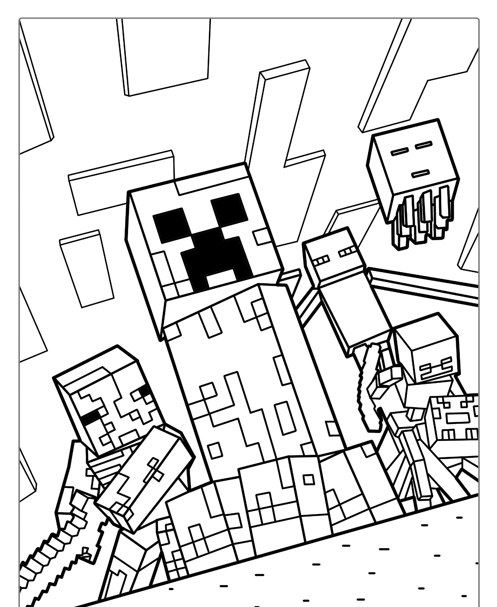 Desenho de linha de personagens do Minecraft, incluindo um Creeper, Enderman, Skeleton, Zombie e Ghast, em uma paisagem em blocos. Ideal para fãs colorirem e aproveitarem os detalhes intrincados do seu jogo favorito. Para Colorir.