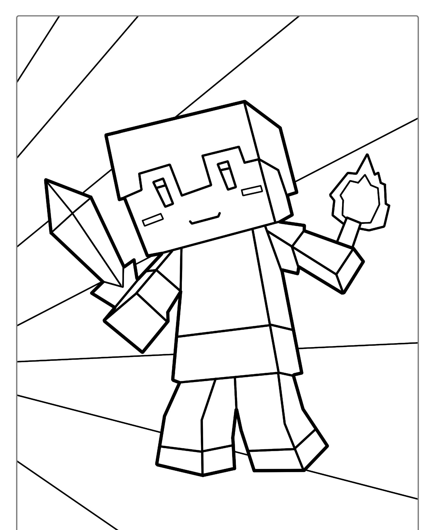 Arte linear de um personagem em bloco do Minecraft segurando uma espada e uma bola de fogo, com um fundo de linhas radiantes. Perfeito para colorir e se divertir com o desenho! Para Colorir.