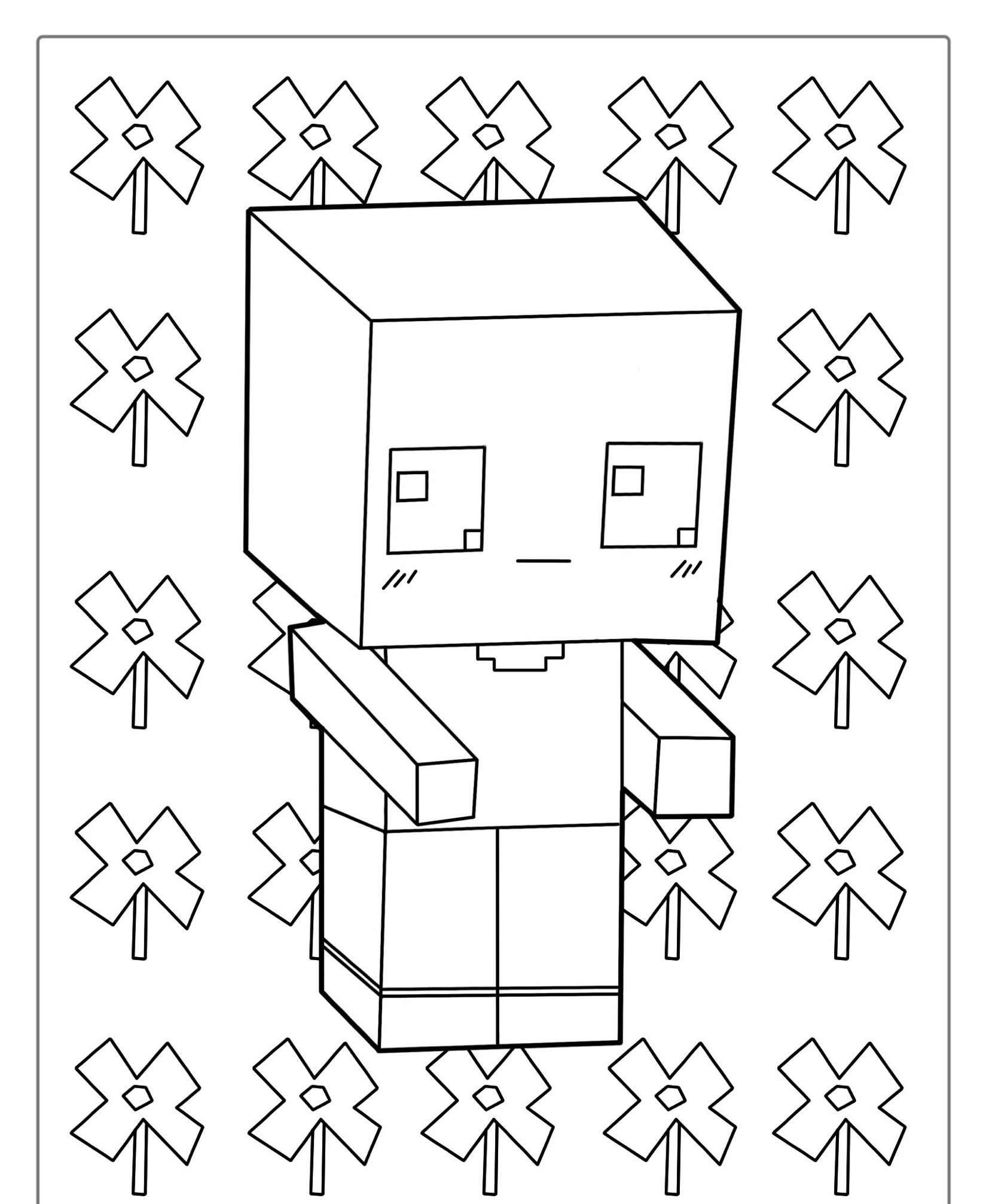 Uma página para colorir em preto e branco com um personagem do Minecraft em blocos com flores ao fundo. Para Colorir.