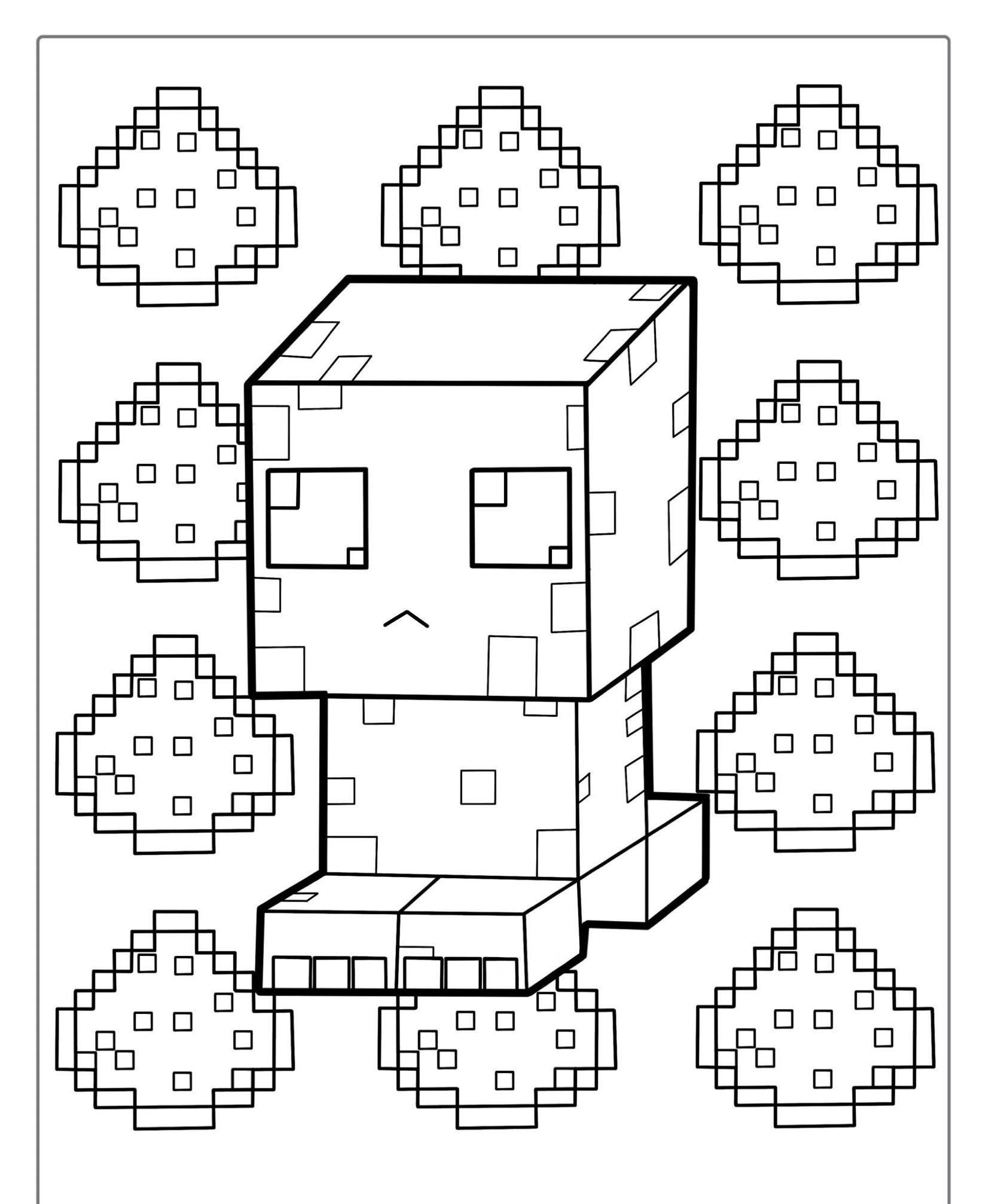 Desenho de um personagem do Minecraft cercado por cupcakes pixelados, tudo no estilo de livro para colorir em preto e branco. Para Colorir.