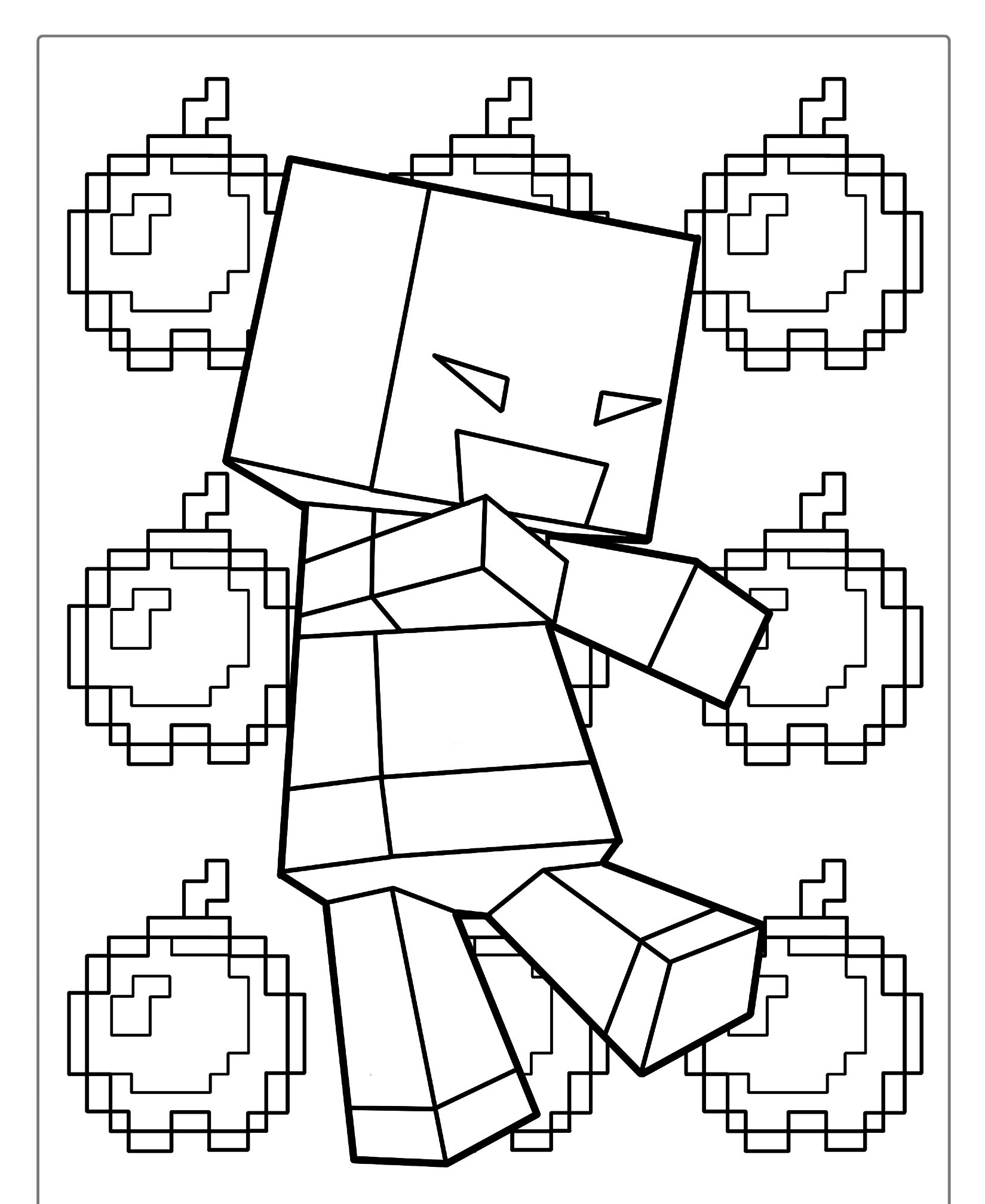 Personagem pixelado do Minecraft com uma expressão feliz, cercado por maçãs pixeladas em um fundo branco, perfeito para crianças colorirem e aprenderem desenho. Para Colorir.