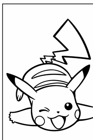 Desenho de Pikachu, o personagem Pokémon, piscando e mostrando a língua com os braços abertos, perfeito para colorir. Para colorir.