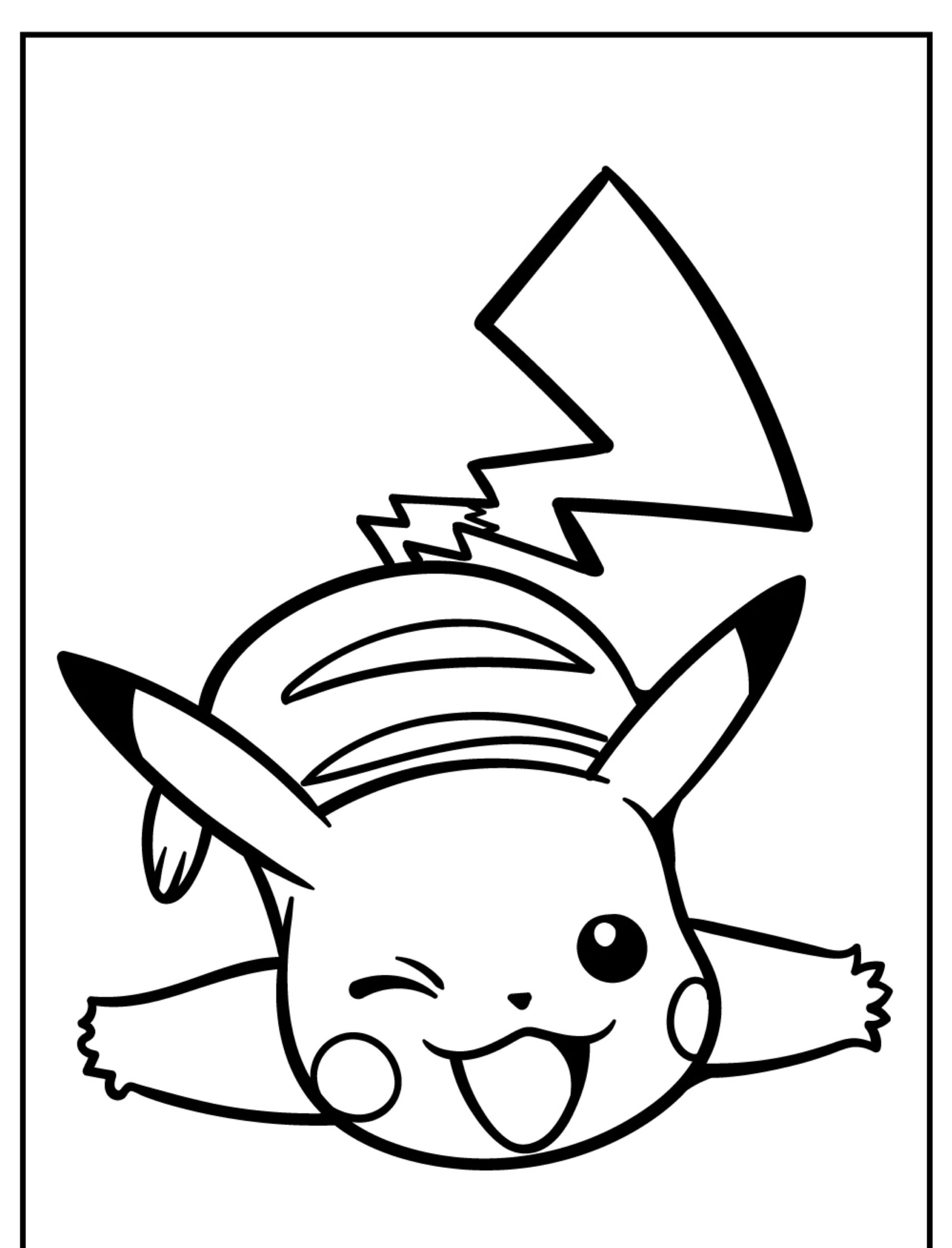 Desenho de Pikachu, o personagem Pokémon, piscando e mostrando a língua com os braços abertos, perfeito para colorir. Para colorir.