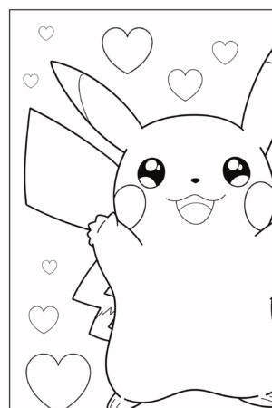 Desenho de Pikachu cercado por corações, braços levantados e sorrindo, perfeito para colorir desenhos. Para colorir.