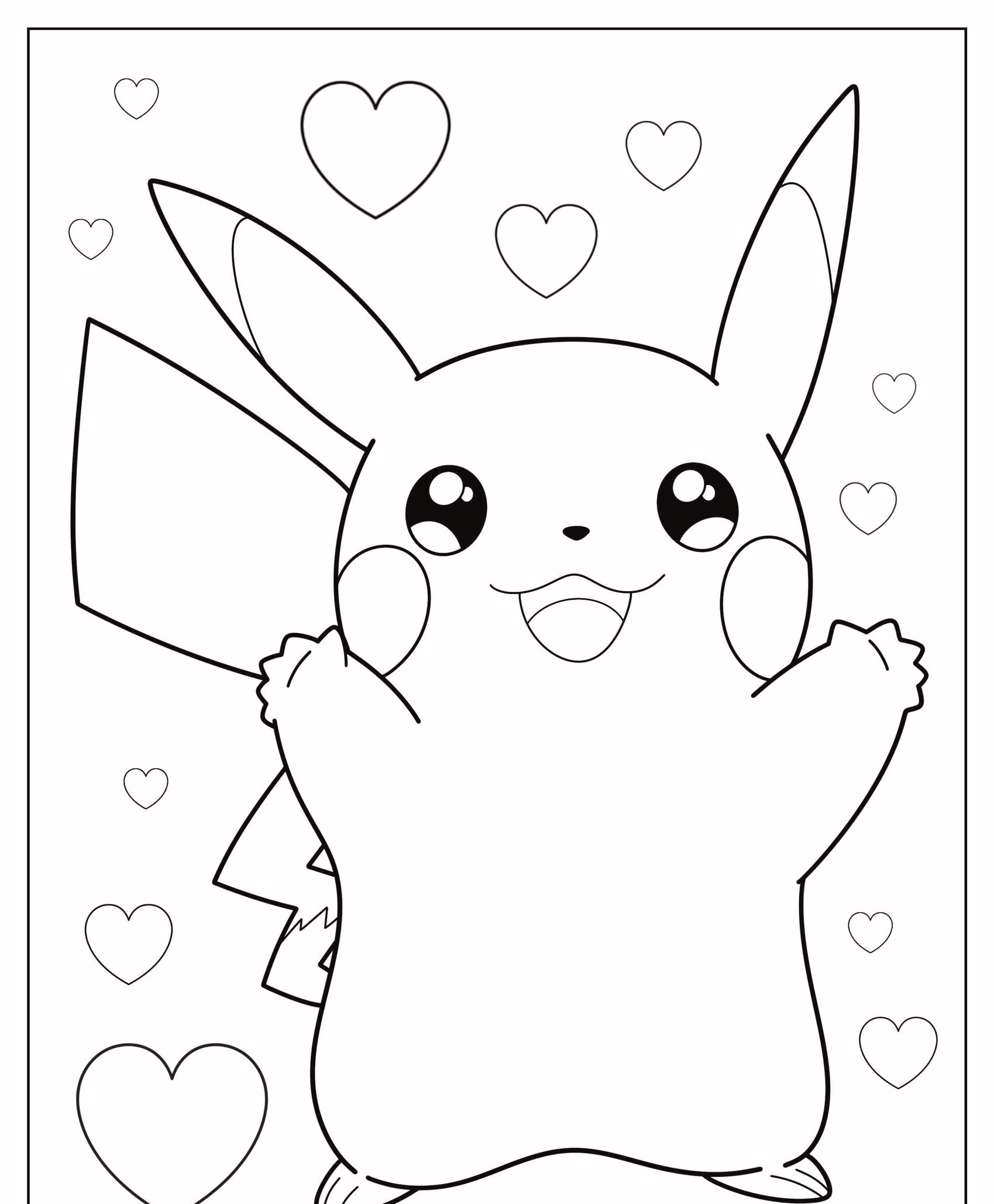 Desenho de Pikachu cercado por corações, braços levantados e sorrindo, perfeito para colorir desenhos. Para colorir.