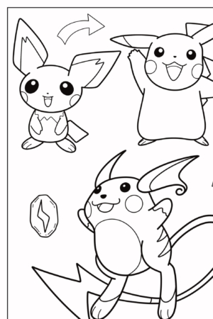 Página para colorir mostrando a evolução do Pikachu: Pichu (superior esquerdo), Pikachu (superior direito) e Raichu (inferior) com setas. Perfeito para fãs que amam colorir e dar vida a cada desenho! Para colorir.