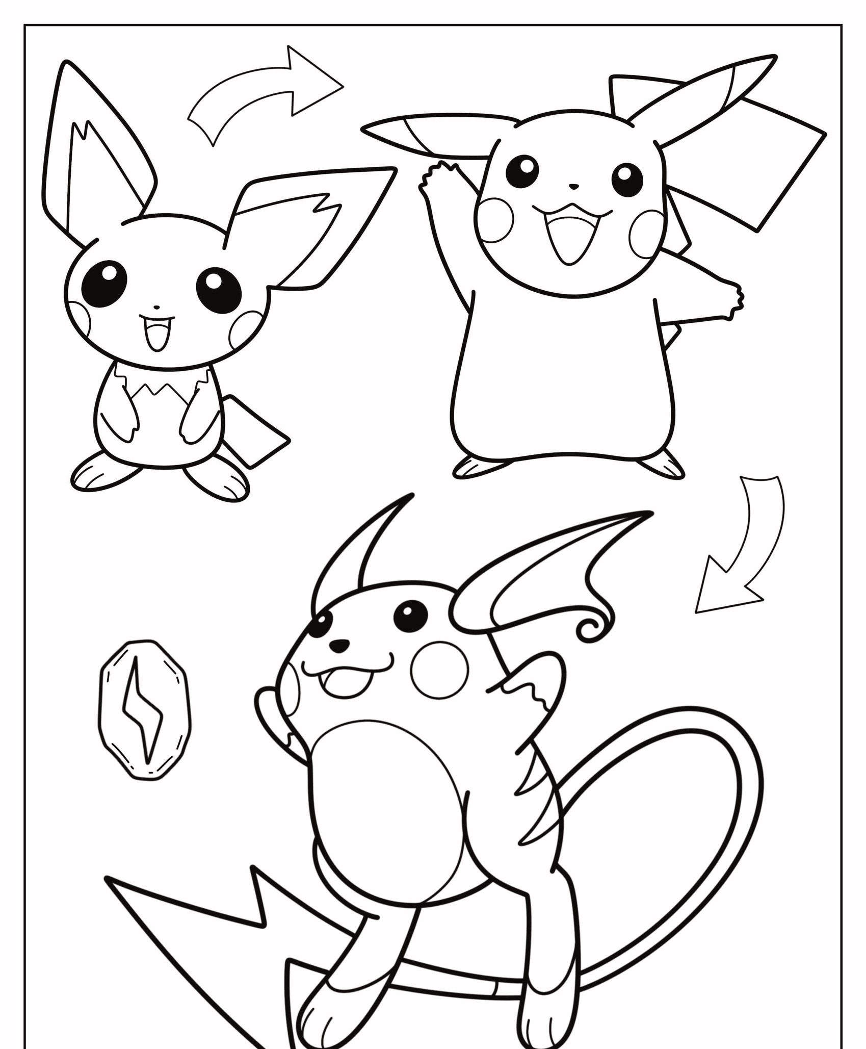 Página para colorir mostrando a evolução do Pikachu: Pichu (superior esquerdo), Pikachu (superior direito) e Raichu (inferior) com setas. Perfeito para fãs que amam colorir e dar vida a cada desenho! Para colorir.