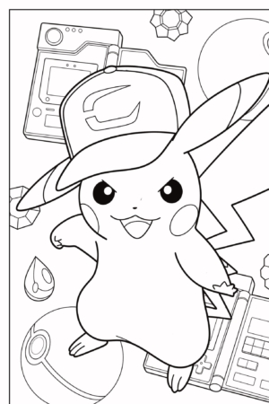 Pikachu usando um chapéu com vários itens temáticos de Pokémon ao fundo, incluindo uma Pokébola e dispositivos, cria um desenho emocionante para colorir. Para colorir.