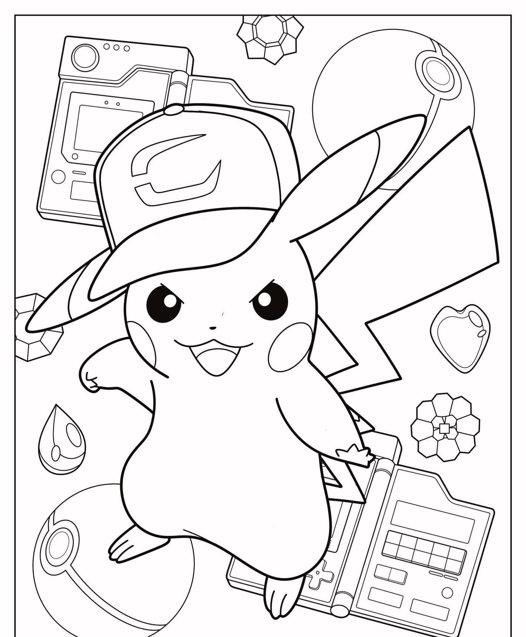 Pikachu usando um chapéu com vários itens temáticos de Pokémon ao fundo, incluindo uma Pokébola e dispositivos, cria um desenho emocionante para colorir. Para colorir.