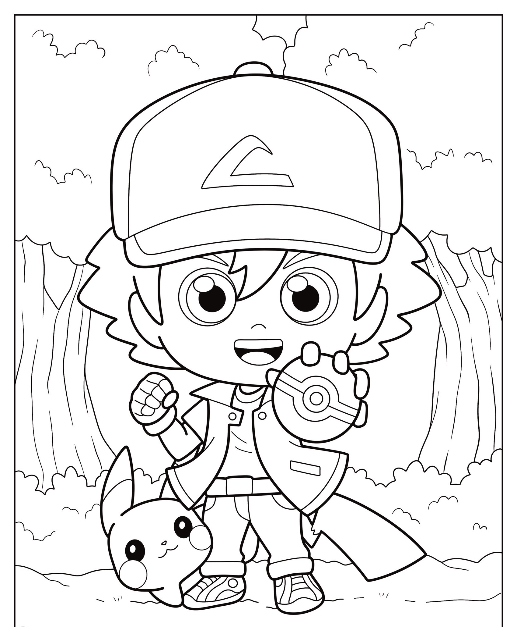 Um personagem estilo chibi segurando uma Pokébola está com Pikachu em frente a um fundo arborizado, ambos prontos para a ação. A cena ganha vida quando você começa a colorir, fazendo cada detalhe estourar com tons vibrantes. Para colorir.