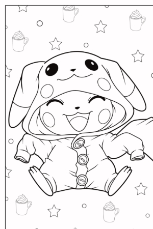 Um personagem fofo com um macacão kawaii do Pikachu com capuz e um rosto sorridente, cercado por estrelas e canecas, pronto para colorir. Para colorir.