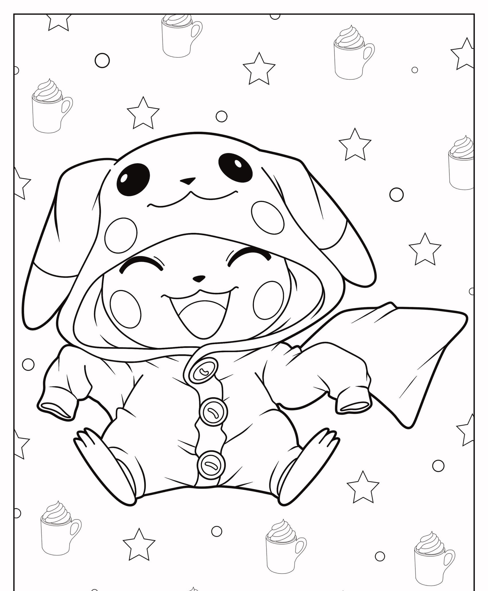 Um personagem fofo com um macacão kawaii do Pikachu com capuz e um rosto sorridente, cercado por estrelas e canecas, pronto para colorir. Para colorir.