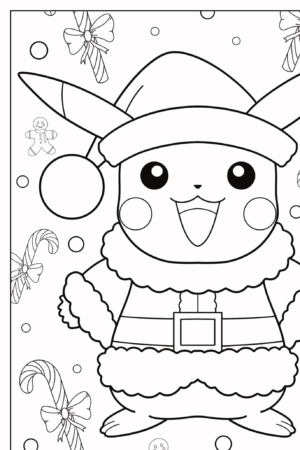 Pikachu, vestido de Papai Noel, destaca-se em um alegre desenho de Natal com decorações coloridas como bengalas doces e biscoitos de + ao fundo. Para colorir.