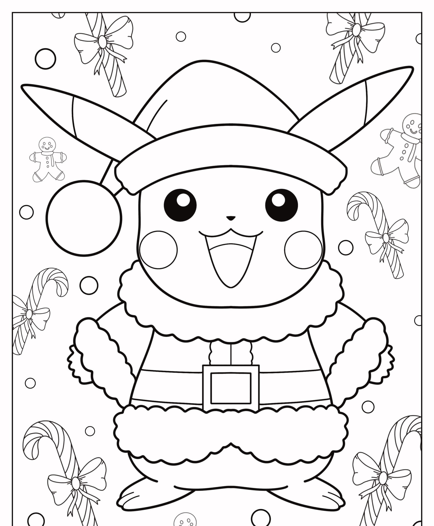 Pikachu, vestido de Papai Noel, destaca-se em um alegre desenho de Natal com decorações coloridas como bengalas doces e biscoitos de + ao fundo. Para colorir.