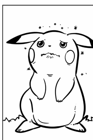 Um Pikachu triste, perfeito para desenhos para colorir, está com olhos marejados, orelhas caídas e uma expressão angustiada. Para colorir.