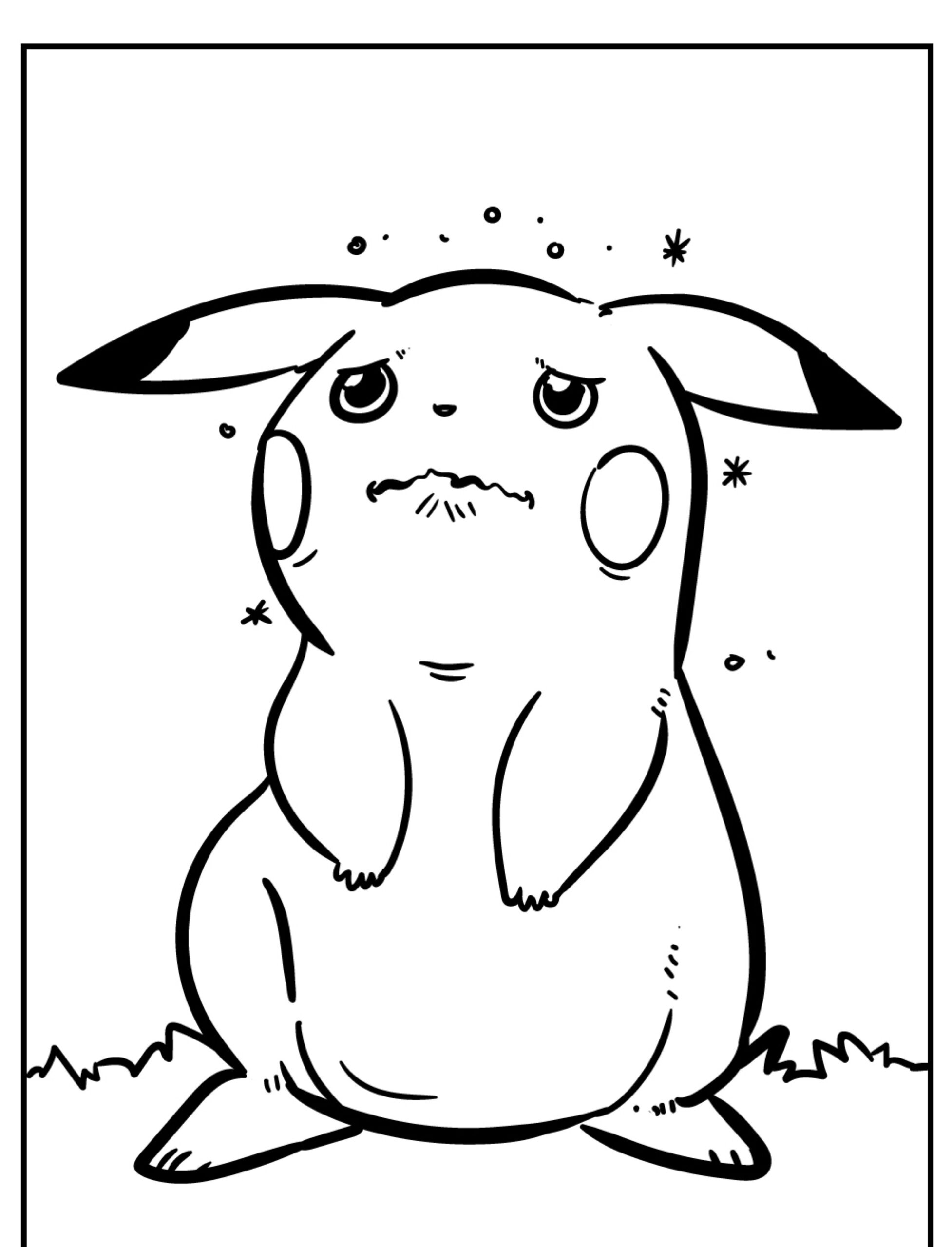 Um Pikachu triste, perfeito para desenhos para colorir, está com olhos marejados, orelhas caídas e uma expressão angustiada. Para colorir.