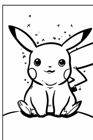 Ilustração em preto e branco do Pikachu sentado, sorrindo, com estrelas ao redor da cabeça, perfeita para colorir para crianças. Para colorir.