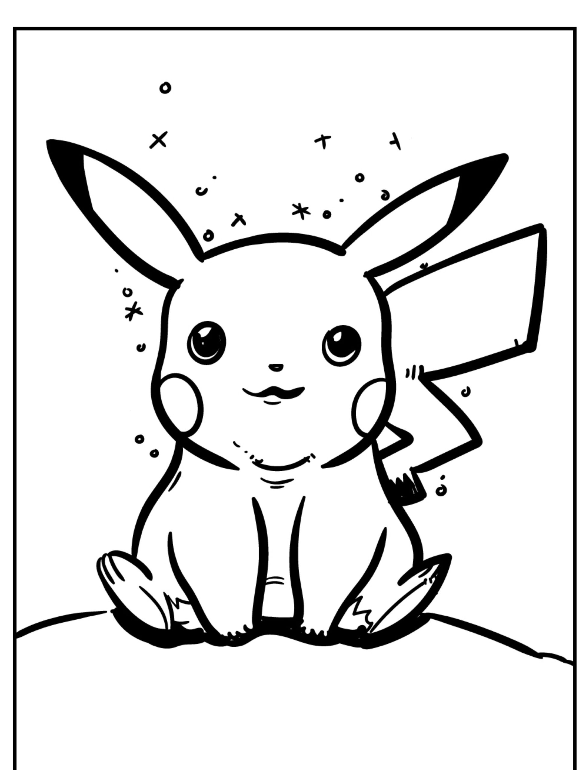 Ilustração em preto e branco do Pikachu sentado, sorrindo, com estrelas ao redor da cabeça, perfeita para colorir para crianças. Para colorir.