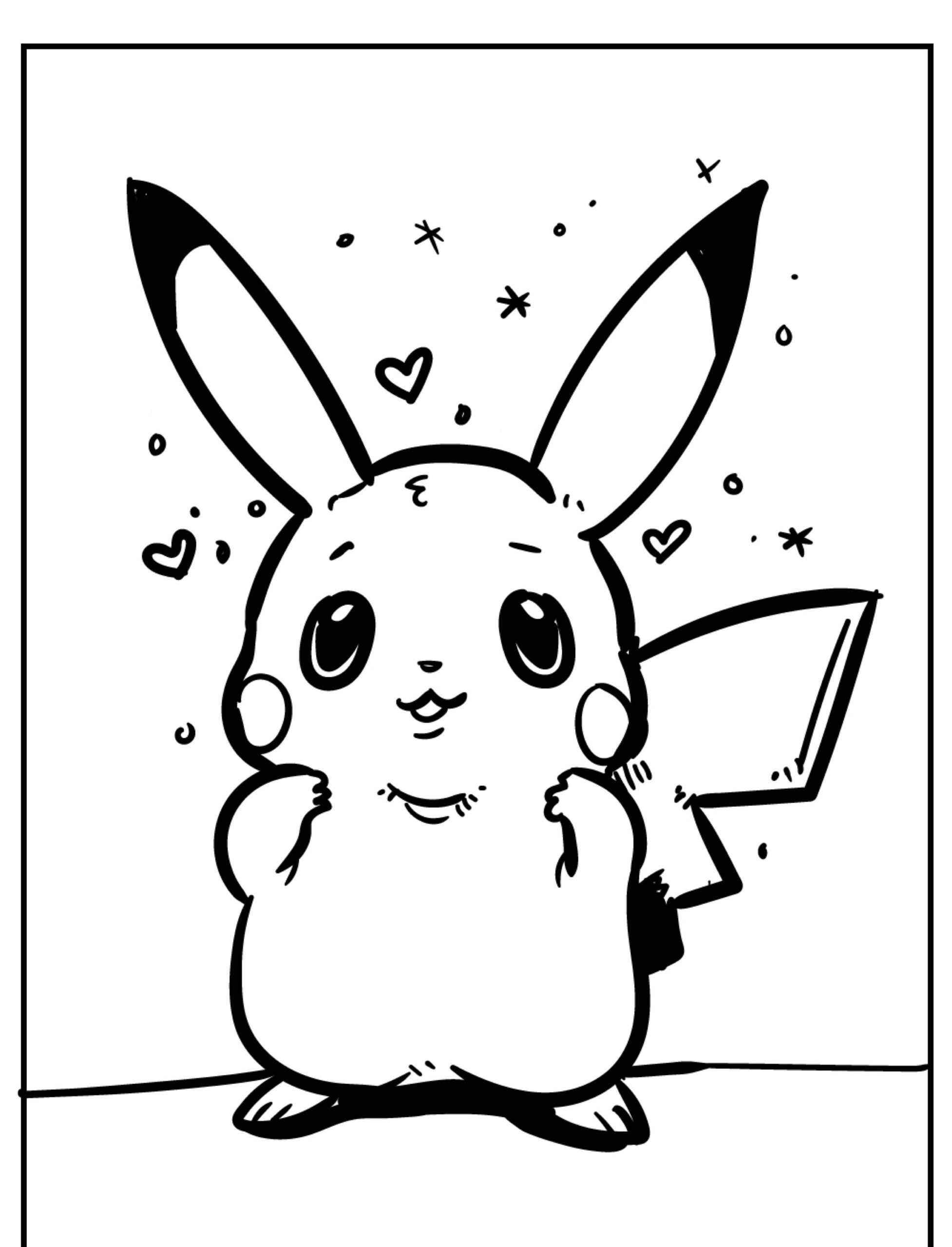 Um desenho do Pikachu para colorir com estrelas e corações ao redor, parecendo fofo com uma expressão tímida. Para colorir.