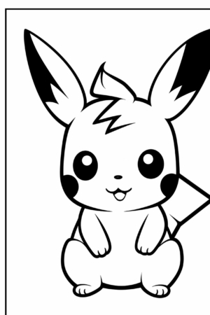 Desenho em preto e branco de um Pikachu fofo sentado com uma expressão feliz, perfeito para colorir. Para colorir.