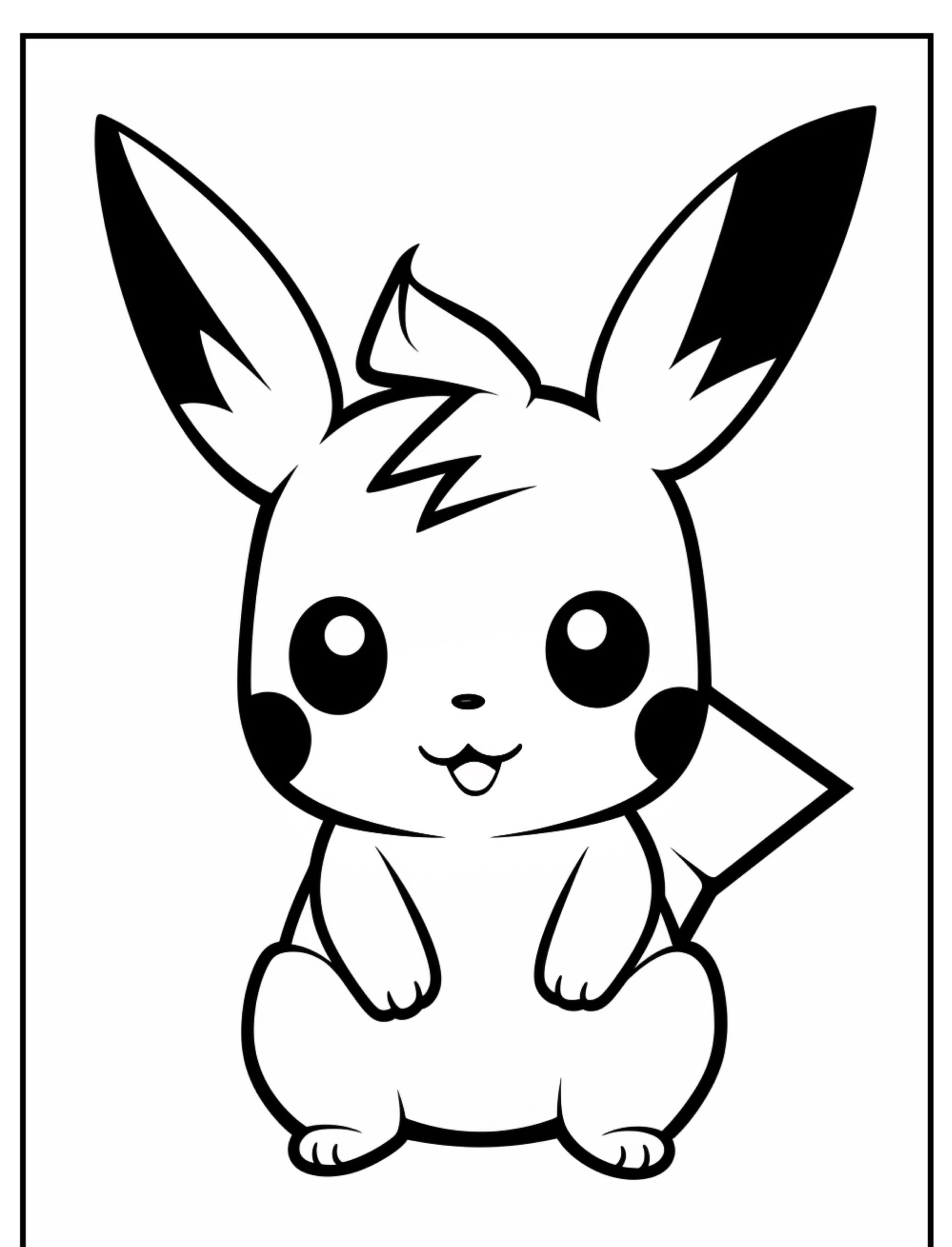 Desenho em preto e branco de um Pikachu fofo sentado com uma expressão feliz, perfeito para colorir. Para colorir.